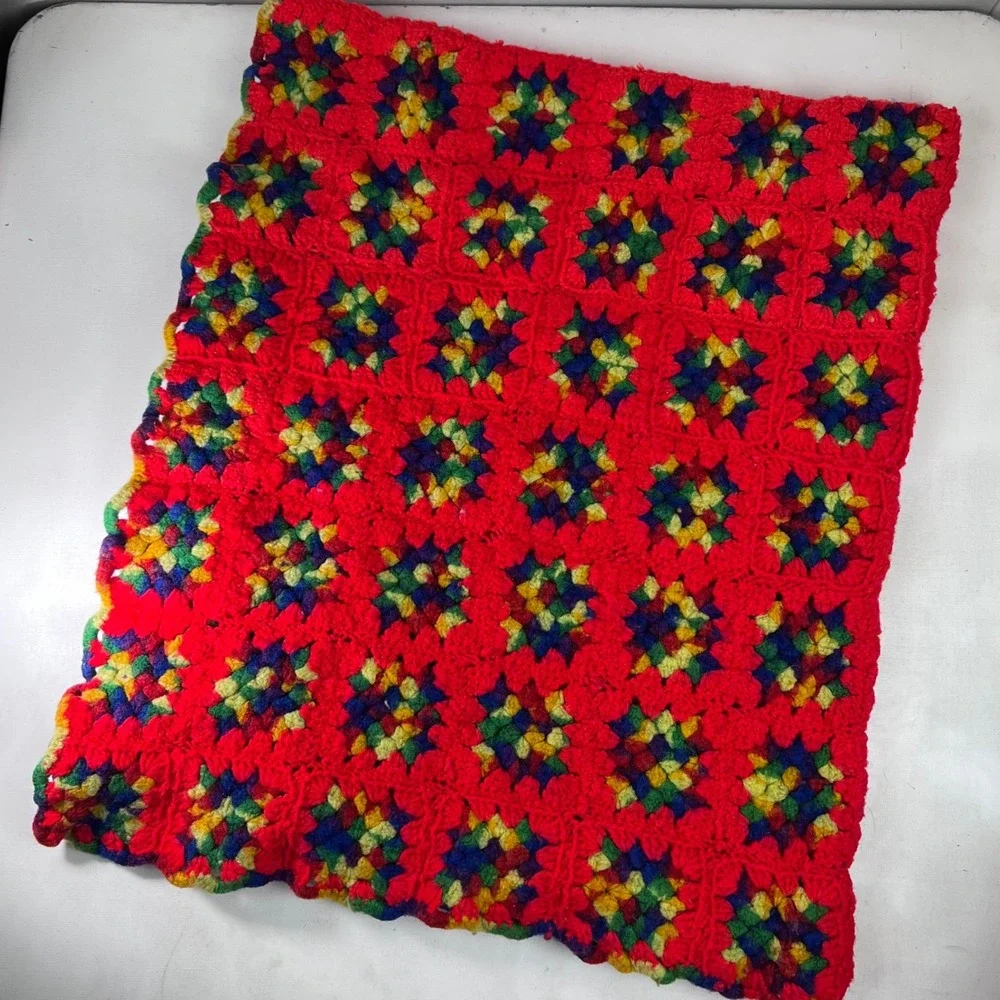 Red Crochet Granny Square Blanket Afghan Colorful Handmade Throw 66x52